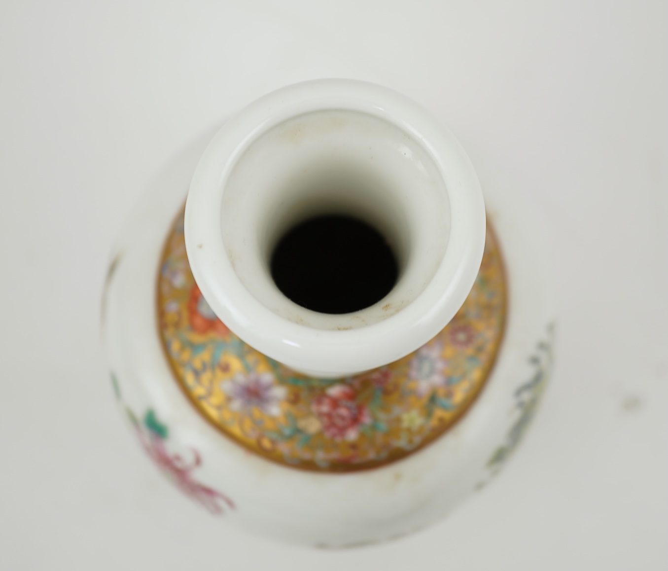 A Chinese inscribed famille rose ‘quail and chrysanthemum’ bottle vase, Hongxian four character mark but Republic period
